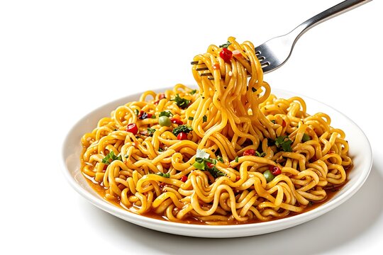 Instant noodles with fork isolated on white background with clipping path