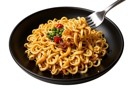 Instant noodles with fork isolated on white background with clipping path