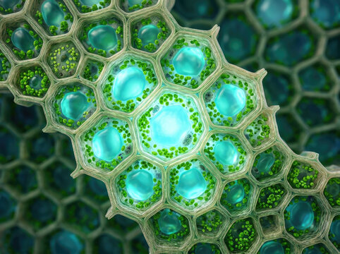 Plant cell cross section macro showing vibrant green chloroplasts and blue vacuoles