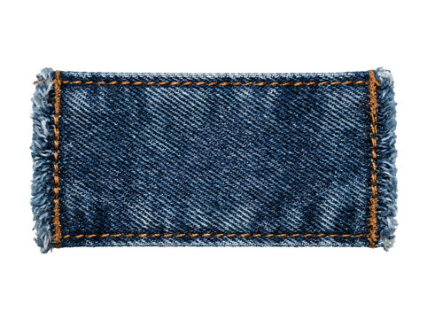 Blue denim fabric swatch with stitched edges on white background.