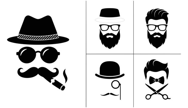 Hipster and Gentleman Man Avatar Icon Set Featuring Fedora Bowler Hat Beard Mustache Sunglasses Cigar Monocle and Barbershop Scissors Silhouette Vectors