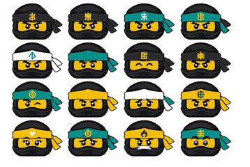 Fototapeta premium Collection of 16 Lego Ninja Masks with Symbols and Expressions