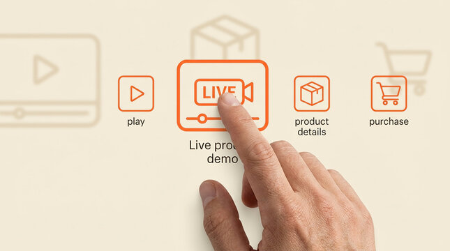 Close-up of a human finger pressing a live product demo icon on an interactive digital interface for online shopping and e-commerce marketing.