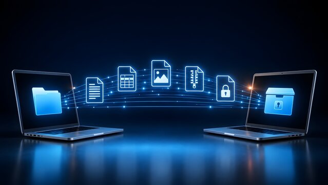 Laptops Exchanging Glowing Digital File Icons Concept of Secure Data Transfer and Cloud Synchronization
