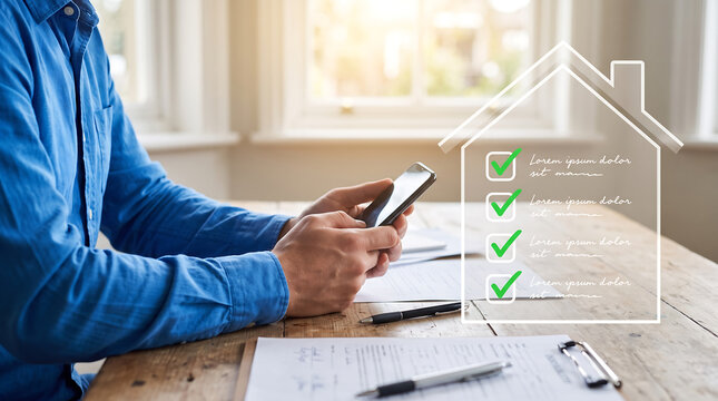Man using mobile phone to check real estate property documents with house icon and green symbols