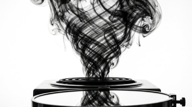 Black smoke swirling from stove, creating mesmerizing pattern in air