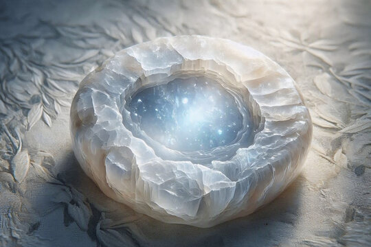 Ultra macro view of translucent white moonstone surface forming a circular glowing blue adularescent pool