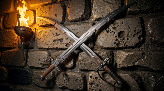 Crossed Medieval Steel Swords on Dark Stone Castle Wall with Flaming Fire Torch, Armory Fantasy Knight Weaponry Concept