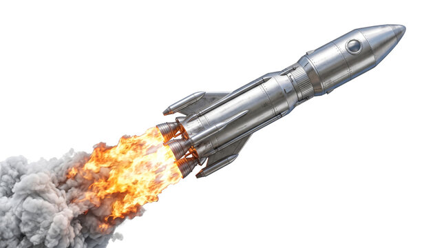 Silver rocket ship launching with fire and smoke isolated on transparent background png for space travel technology.