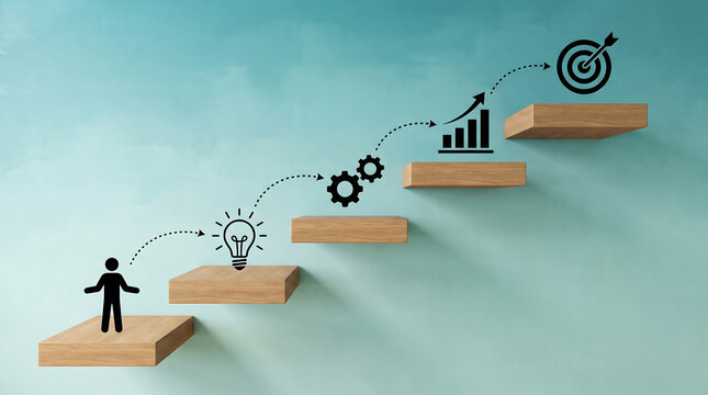 Business career growth steps showing personal development strategy with icons on wooden staircase against turquoise wall