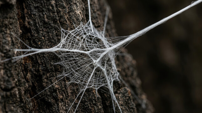 Delicate spider silk forming intricate web on tree bark, showcasing nature artistry