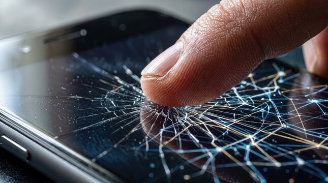 Finger touching a shattered smartphone screen with cracked glass pattern displaying digital network lines smartphone technology shattered accident communication electronic destruct handling