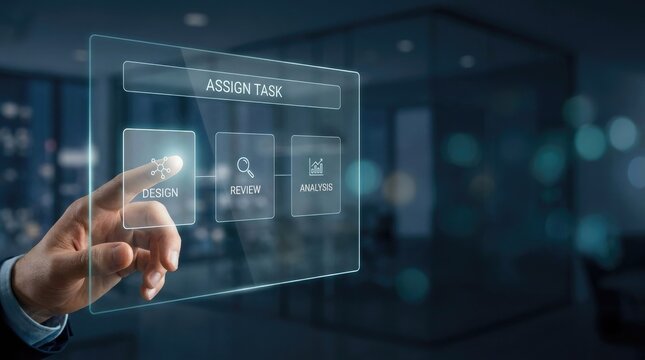 Hand touching digital assign task screen with design and review icons