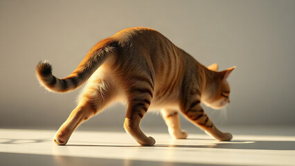 Graceful cat in a deep stretch, back forming a concave curve.