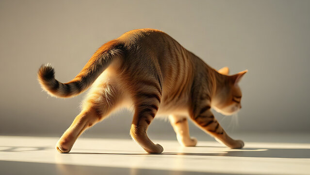 Graceful cat in a deep stretch, back forming a concave curve.