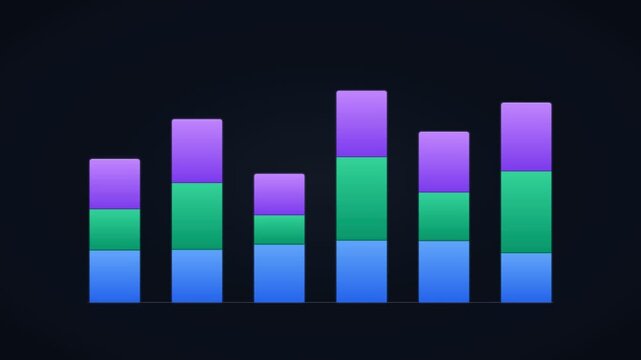 Clean 4K textless stacked bar chart animation featuring multi-series comparison columns with smooth spring growth, corporate accent gradients, laser sweep line, and dark slate background grid. Premium