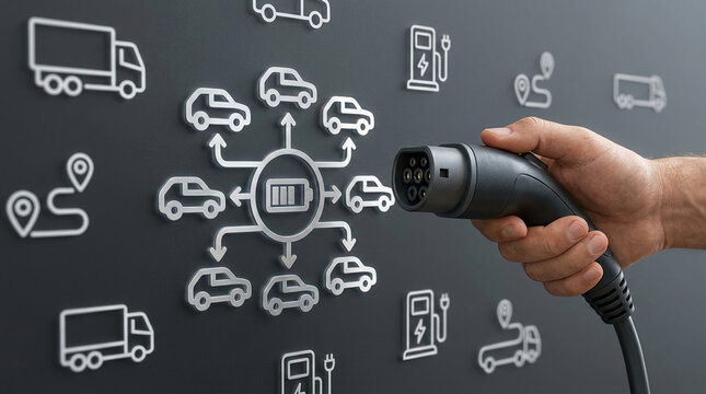 Hand holding electric vehicle charger plug with futuristic fleet management icons and battery symbols for green energy transportation infrastructure