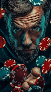 Intense man with beard surrounded by falling poker chips.