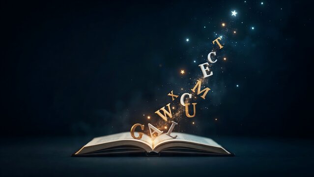 Open book emitting floating letters and glowing stars &ndash; Ideal for International Literacy Day, magical reading, or storytelling themes.
