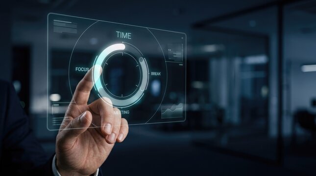 Hand touching digital time management interface with focus and break timer