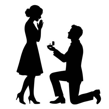 Silhouette of a man proposing to a woman in love