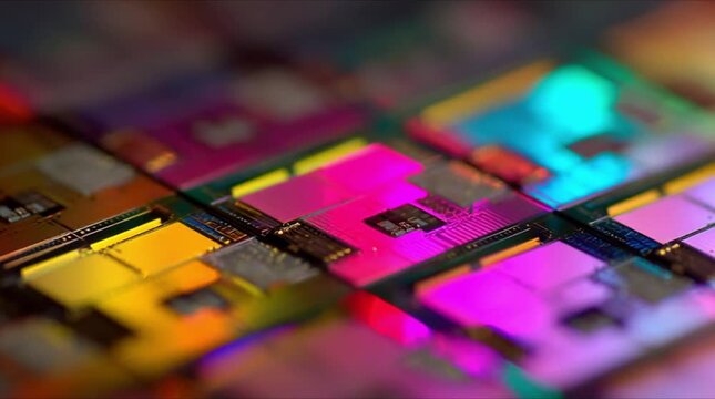 Extreme close up of silicon microchip wafer with glowing rainbow spectrum reflections during precision semiconductor manufacturing process (AI Generated)