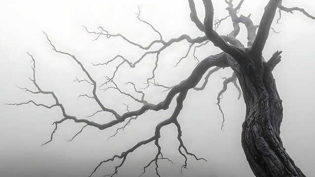Gnarled tree branches reaching through morning mist in monochrome.
