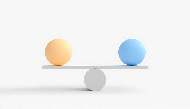 Minimalist balance concept featuring blue and yellow spheres on seesaw against white background minimalist conceptual comparison decision equality stability business strategy isolated
