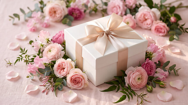 White gift box with elegant silk ribbon surrounded by delicate pink roses on soft linen fabric