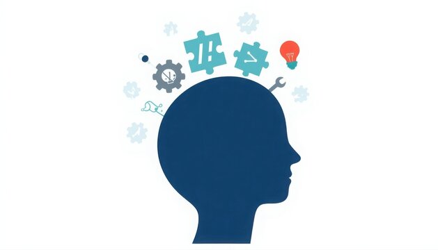 Human head profile silhouette with creative icons and gear symbols representing thinking and ideas silhouette thinking creativity intelligence business strategy innovation psychology solution