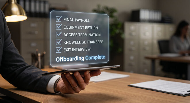 HR manager hand in suit holding tablet with holographic employee offboarding checklist complete interface, digital exit process concept in HR office