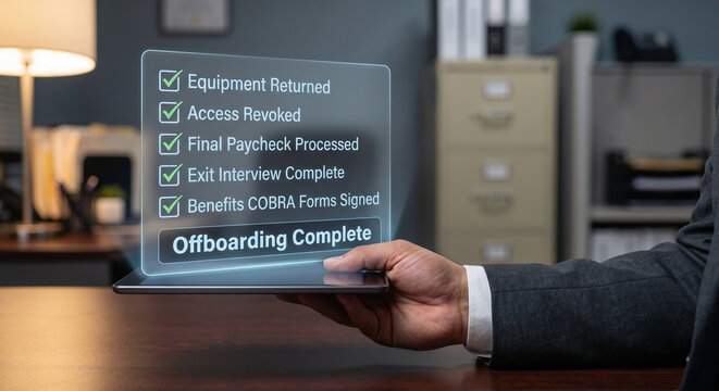 HR manager hand in suit holding tablet with holographic employee offboarding checklist complete interface, digital exit process concept in HR office