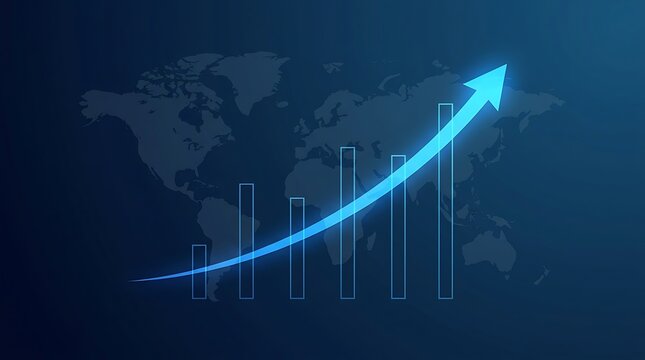 Glowing blue upward trending arrow chart against a global map background