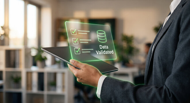 Data governance officer hand holding tablet with holographic master data validation checklist interface, enterprise data quality assurance concept in corporate office