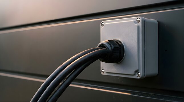 Weatherproof electrical junction box with black cables on a wall