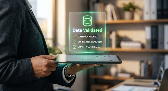 Data governance officer hand holding tablet with holographic master data validation checklist interface, enterprise data quality assurance concept in corporate office