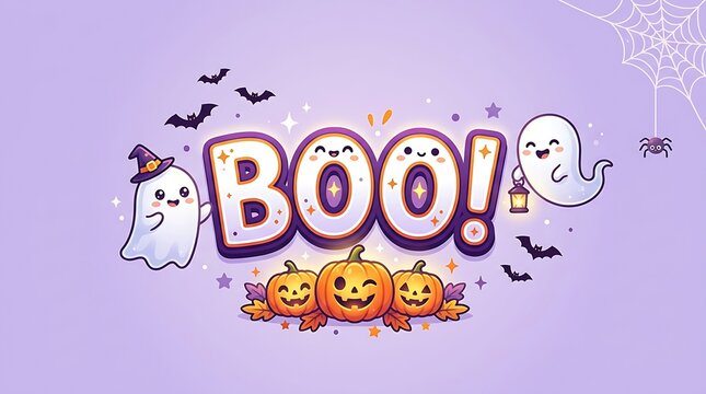 Happy cartoon ghosts and pumpkins saying boo
