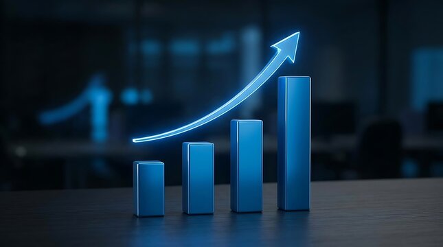 Glowing blue bar graph showing business growth with upward trend line