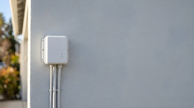 White electrical junction box mounted on an exterior residential wall