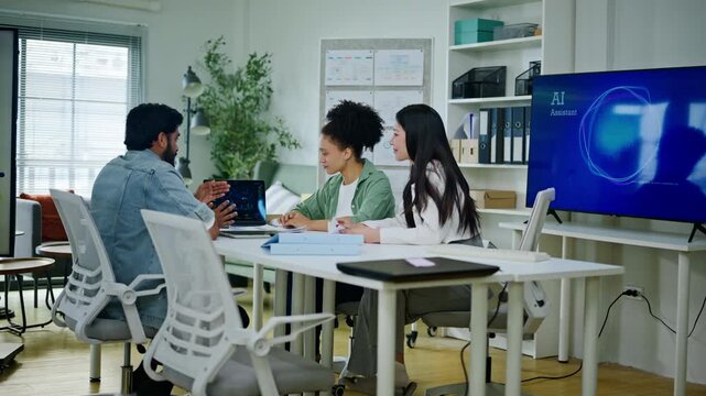 Group of creative Businesspeople brain storm meeting presentation,discussing roadmap to product launch, planning,strategy,dashboard,new business development,working with new startup project in office