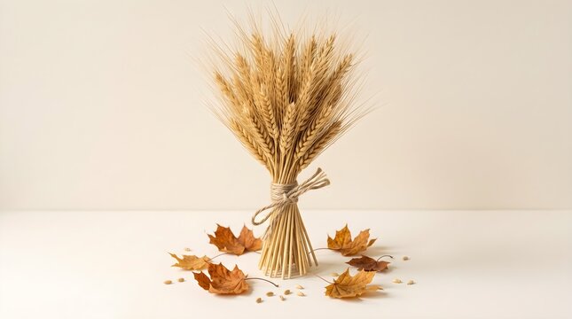 Tied wheat sheaf standing centered with scattered dry leaves and grains on a clean white background.