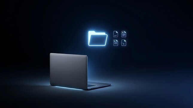 Laptop glowing with digital folder and document icons in darkness