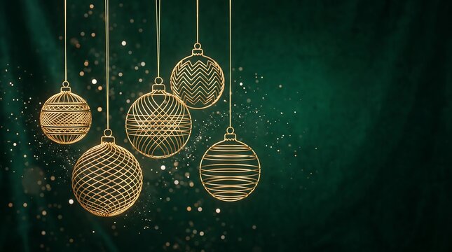 Four hanging gold ornate baubles with intricate geometric patterns suspended on dark glittery background for.