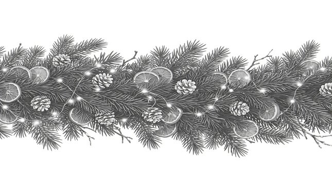 Garland of pine branches with pinecones and lights forms a monochrome border for seasonal holiday crafting.