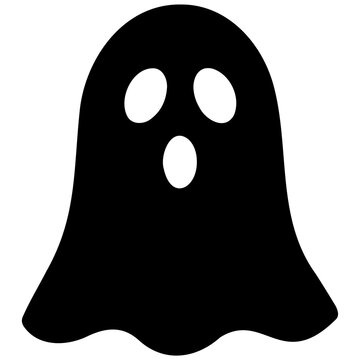 Black ghost icon with three white eyes and mouth for halloween spooky party decorations.