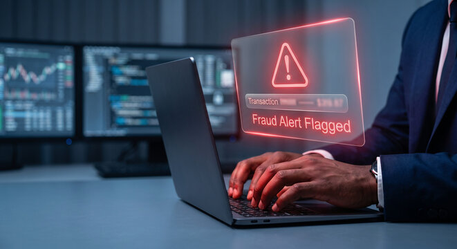 Bank analyst hand on laptop with holographic AI fraud detection transaction alert interface, digital financial security concept in bank back office
