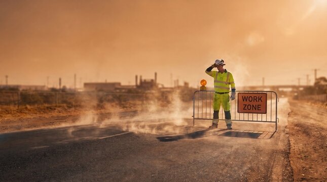 Tired road construction worker wiping sweat from forehead near work zone sign on hot steaming asphalt road during extreme heatwave concept.