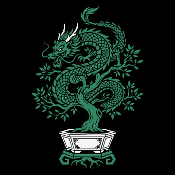 Japanese Dragon Bonsai T Shirt Graphic with Traditional Eastern Symbolism, Ornamental Tree and Mythical Creature Art