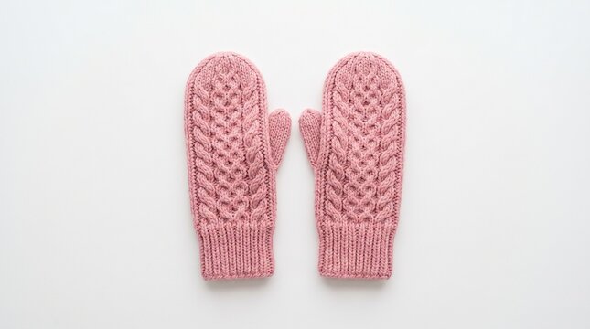 Cozy pink knitted mittens on white background for winter fashion