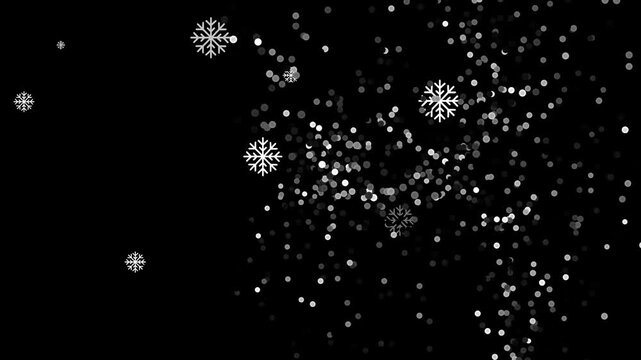 White snowflake designs with glowing bright particles on dark black background. Suitable for winter holiday themed designs or christmas promotions.